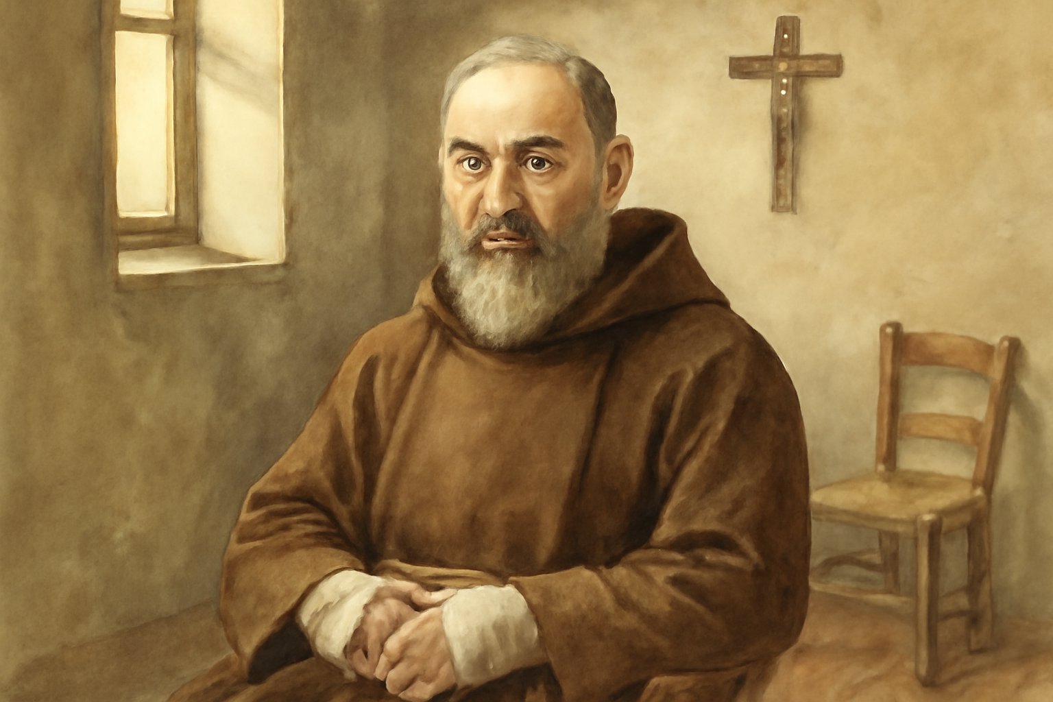 Padre Pio da Pietrelcina in abito cappuccino marrone, volto serio con barba folita, mani bendate, in un convento del Sud Italia tra i primi decenni del Novecento