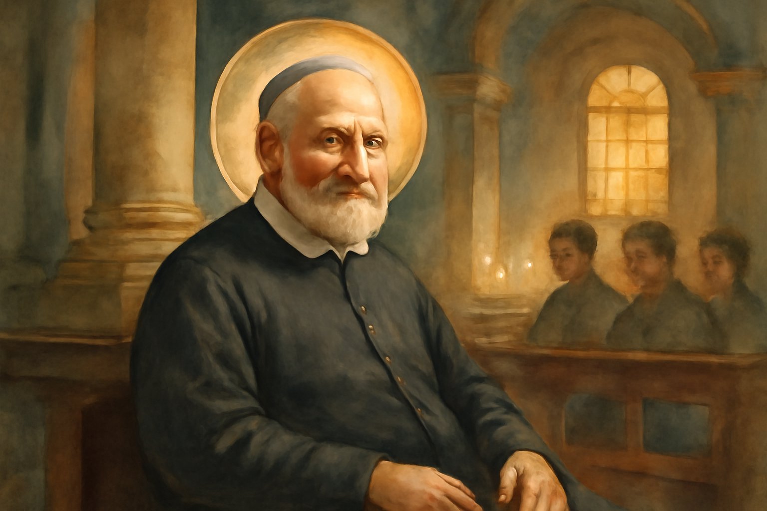 San Filippo Neri in veste talare scura in un interno barocco romano del Cinquecento, volto sereno e luminoso, circondato da giovani uomini e ragazzi in atteggiamento attento, luce calda che entra da f