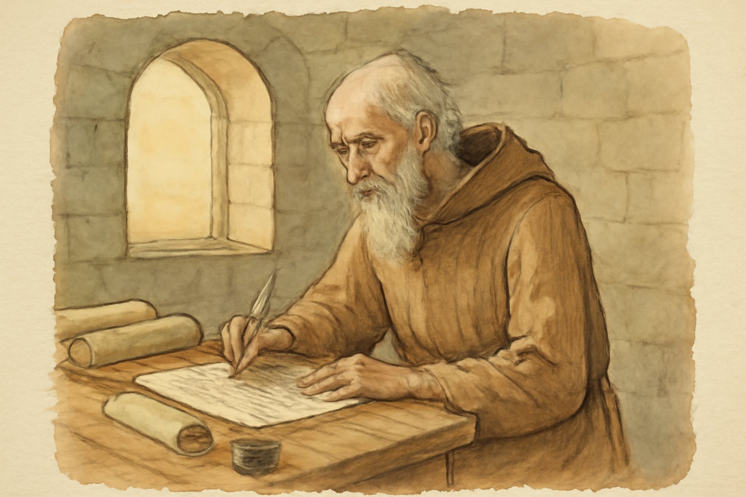 San Girolamo nel suo studio monastico, seduto al tavolo di lavoro con manoscritti e penna d'oca, in veste monastica marrone, circondata dalla luce dorata di una finestra medievale, con libri e rotoli