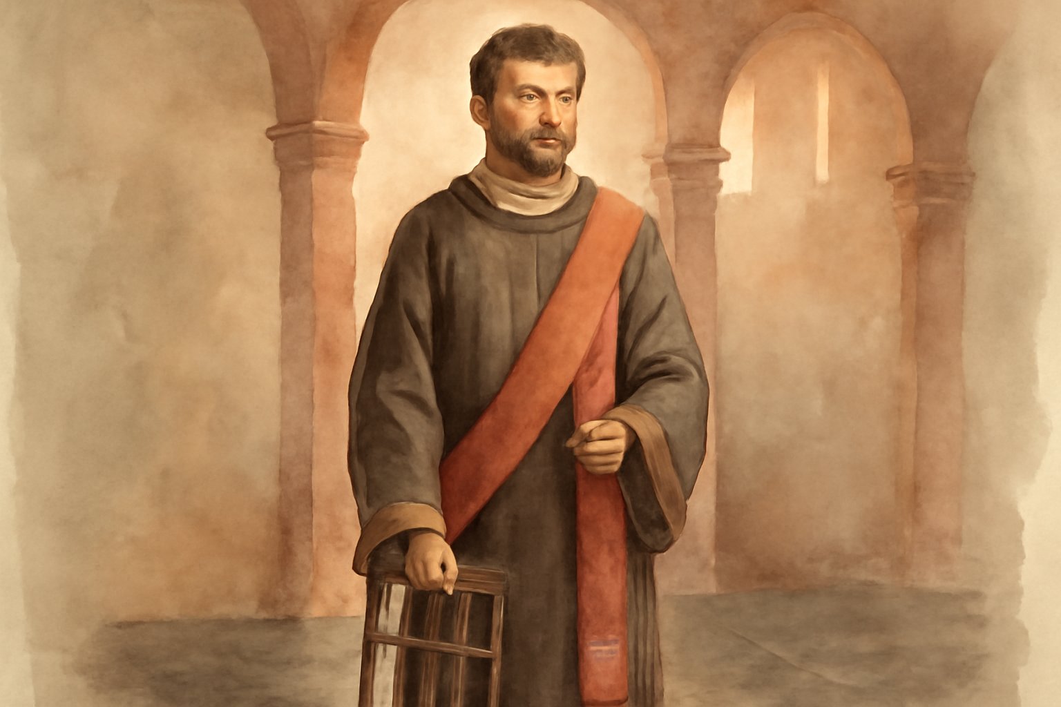 Mosaico antico raffigurante un diacono della Chiesa romana primitiva in veste liturgica paleocristiana, seduto in cattedra, con lo stemma del suo ufficio