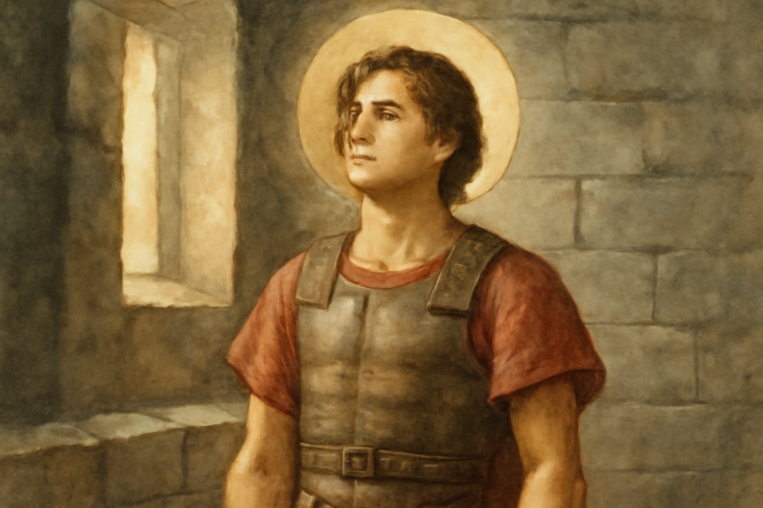 Statua rinascimentale di San Sebastiano giovane in veste romana, con frecce nel corpo, sfondo di chiesa antica in pietra con luce naturale dorata