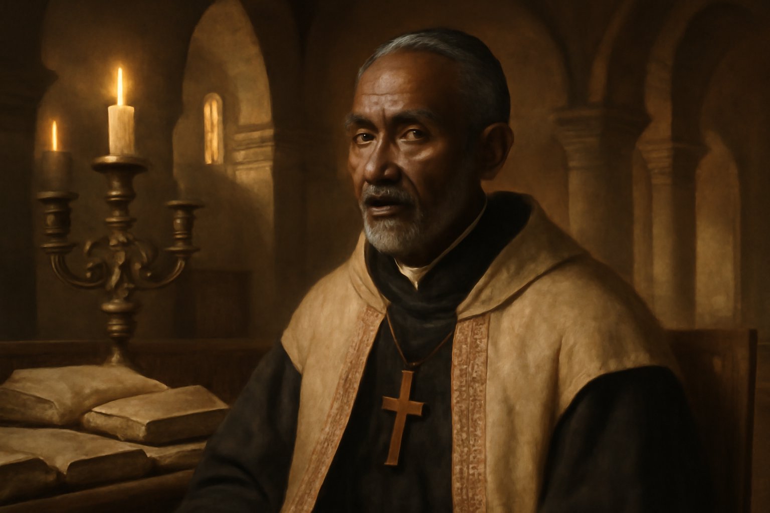 Sant'Agostino in abiti vescovili seduto al tavolo di studio con pergamene e scritture, circondato da libri, in un interno di chiesa paleocristiana del Nord Africa con luce dorata che filtra dalle fine
