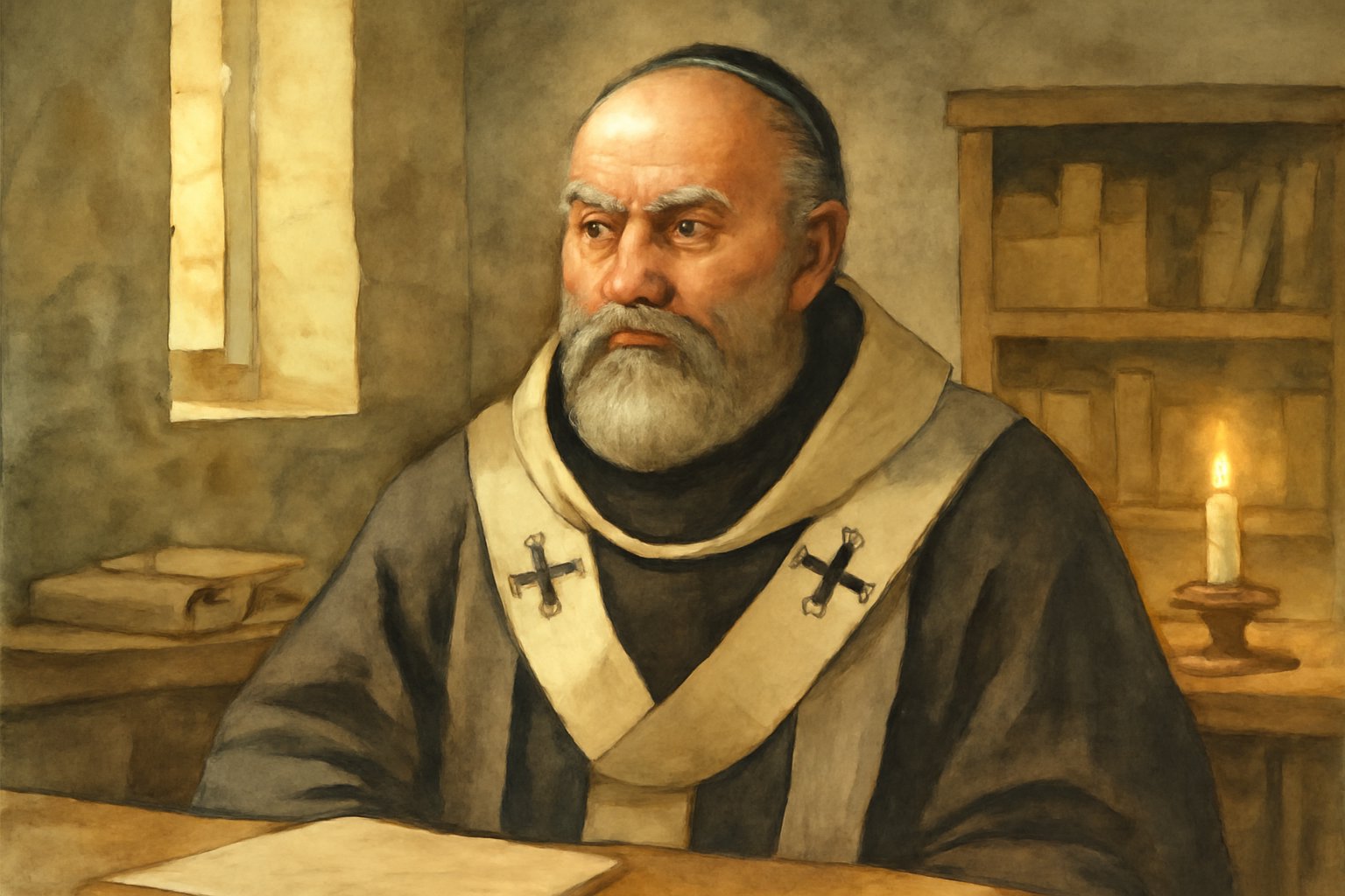 Agostino d'Ippona, filosofo e teologo cristiano dei secoli IV-V, raffigurato come uomo maturo con veste talare scura, in uno studio monastico con libri e pergamene, luce calda di candela