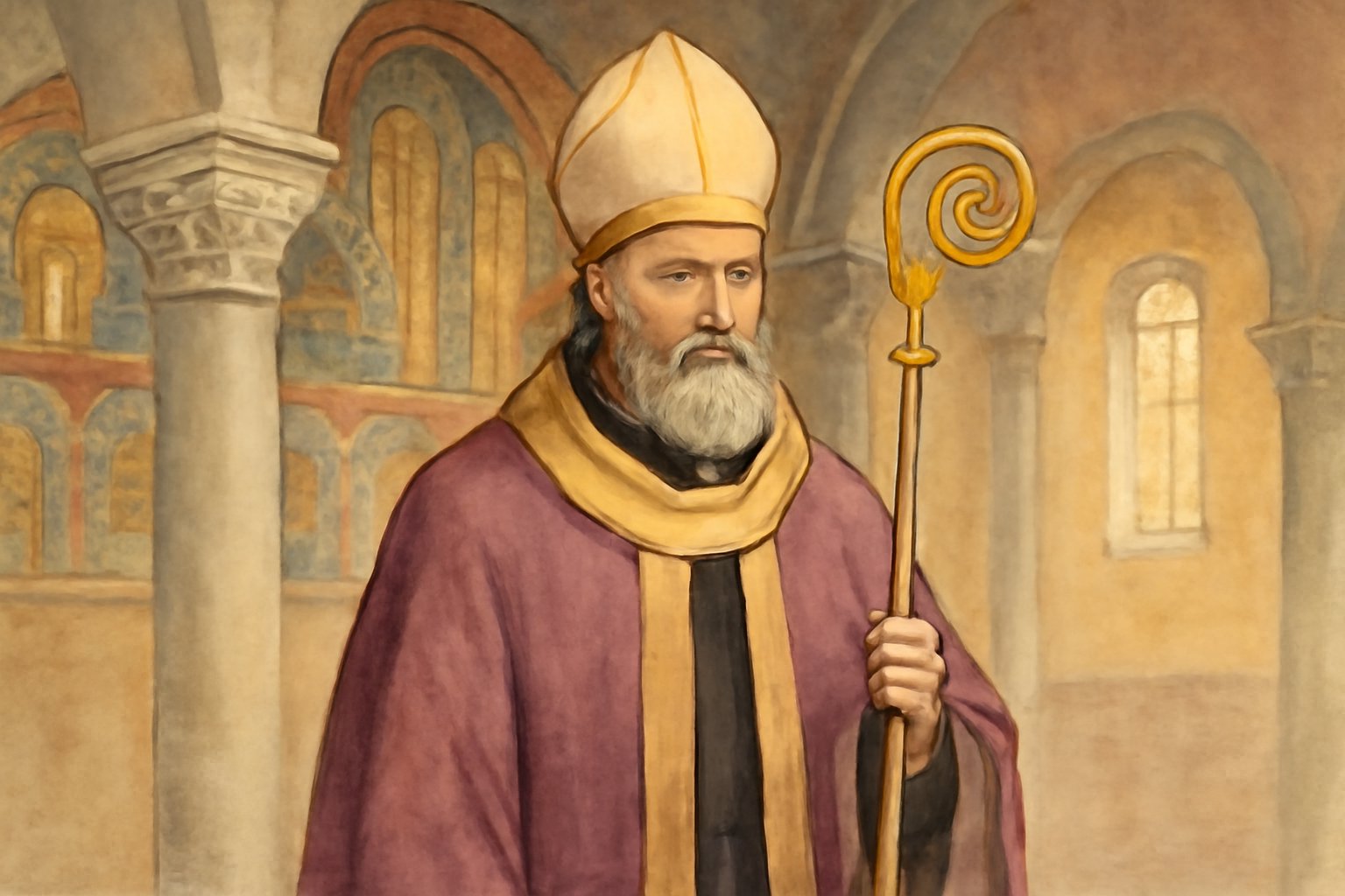 Sant'Ambrogio in vesti episcopali tardoromane, con mitra e pastorale, in posa solenne entro una basilica paleocristiana di Milano del IV secolo, illuminato da luce dorata che filtra dalle alte finestr